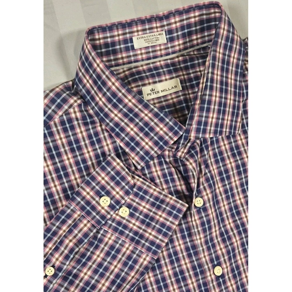 Peter Millar Dress Shirt Plaid Long Sleeve Button Up Mens 2XL Blue Pink 0003